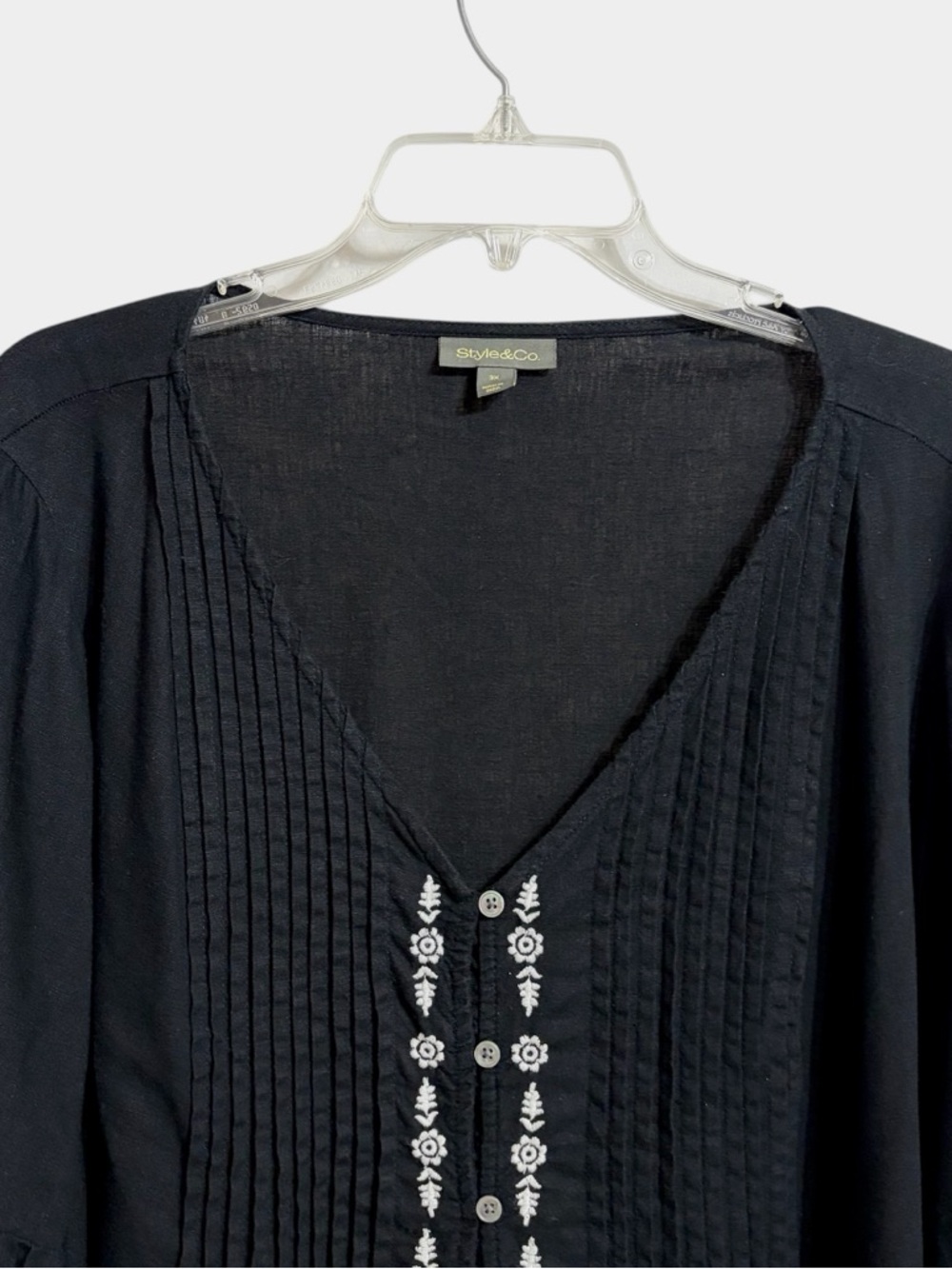 Style & Co Boho Embroidered Flare Sleeve Top Womens 3X Black Linen Blend Hippie - Picture 2 of 9